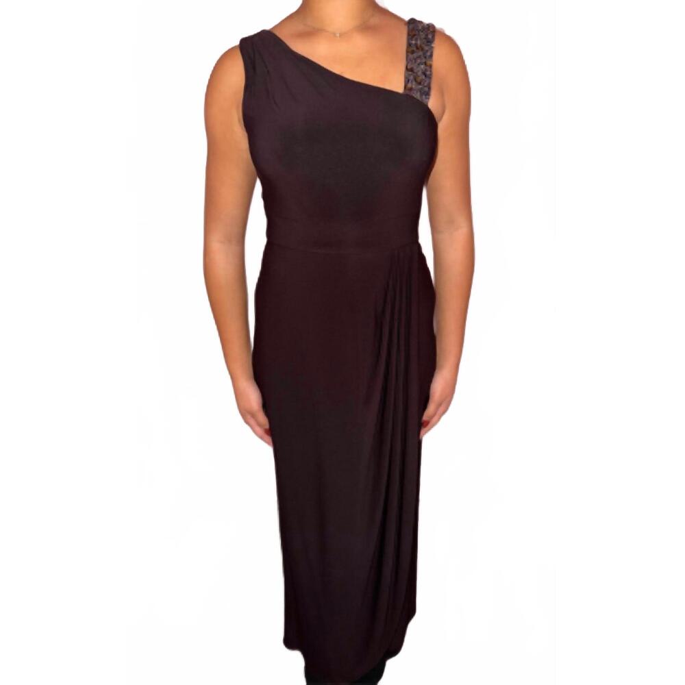 NEW DECODE 1.8 beaded one shoulder jersey gown in brown